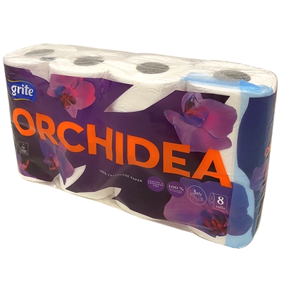 Toiletpapir, Grite Orchidea White, 3-lags, 17,4m x 9,6cm, hvid 100% nyfiber, kolli = 7 pk à 8 rl.