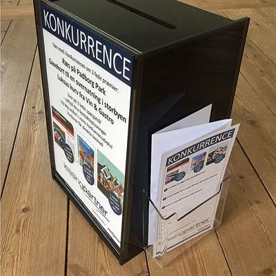 Donationslåda med A4 info och korthållare
