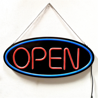 OPEN LED-skylt, svart med röd text och blå kant