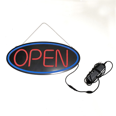 OPEN LED-skylt, svart med röd text och blå kant