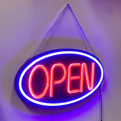 OPEN LED-skylt, svart med röd text och blå kant
