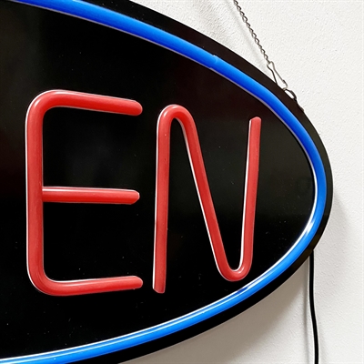 OPEN LED-skylt, svart med röd text och blå kant
