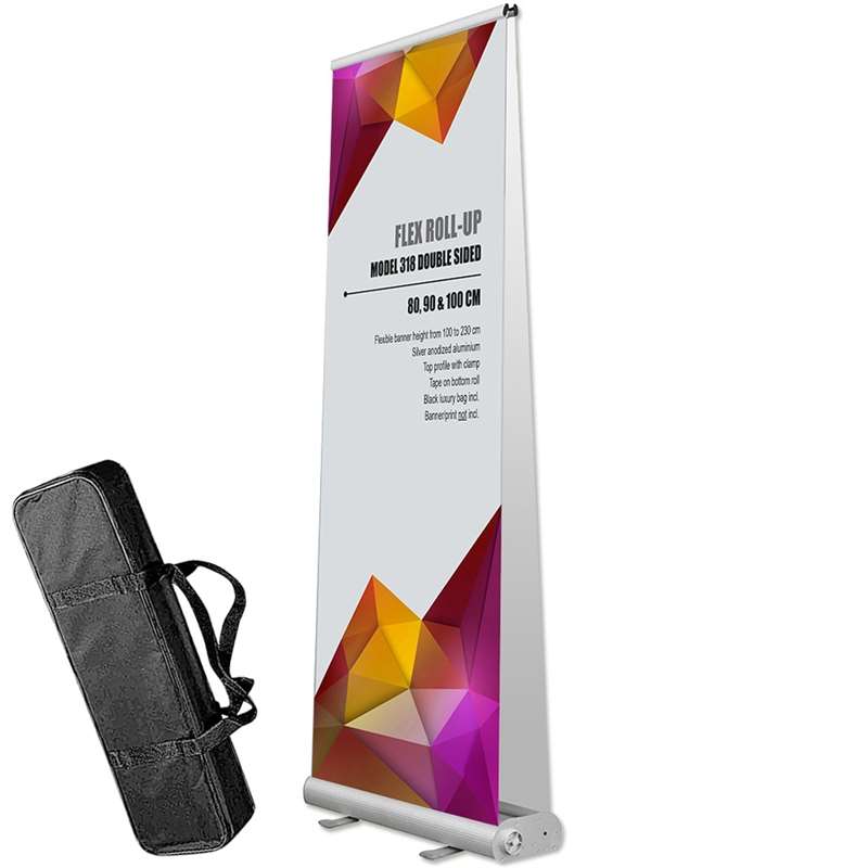 Flex Roll-up dubbelsidig, silver, inkl. banderoll och tryck