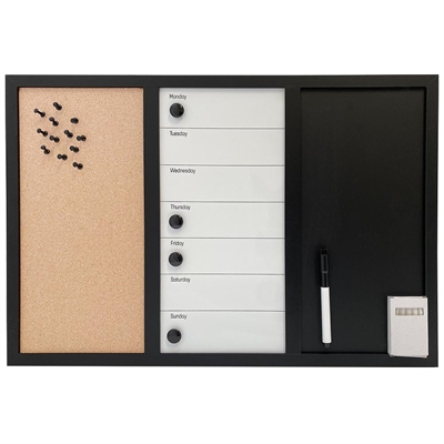 Whiteboard med veckoschema, kork och krittavla, inkl. svart magnetisk markör, 4 x svarta 20 mm magneter, 12 svarta nålar och 1 paket krita (5 st.)